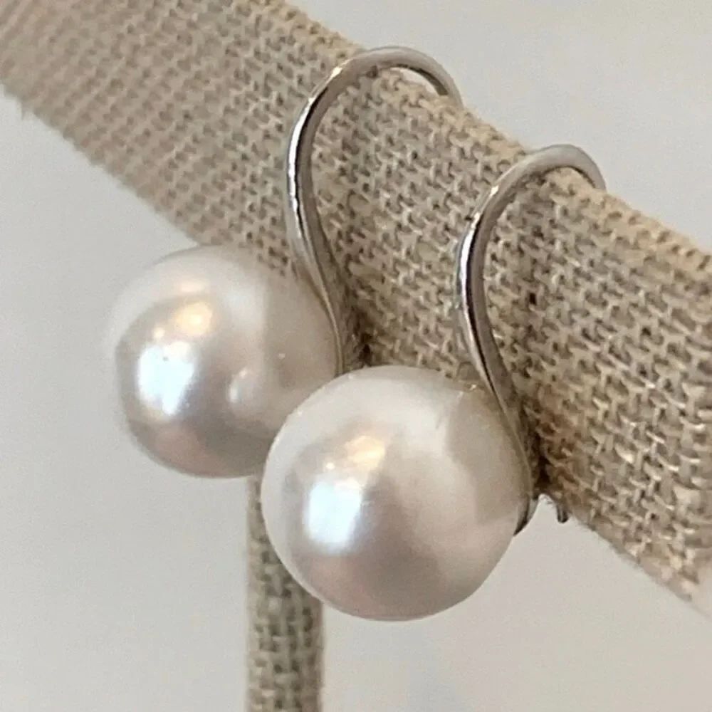 Large Faux Pearl & Silver Tone Drop Earrings